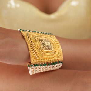Gold Heritage Cuff Bracelet with Pearls & Green Beads